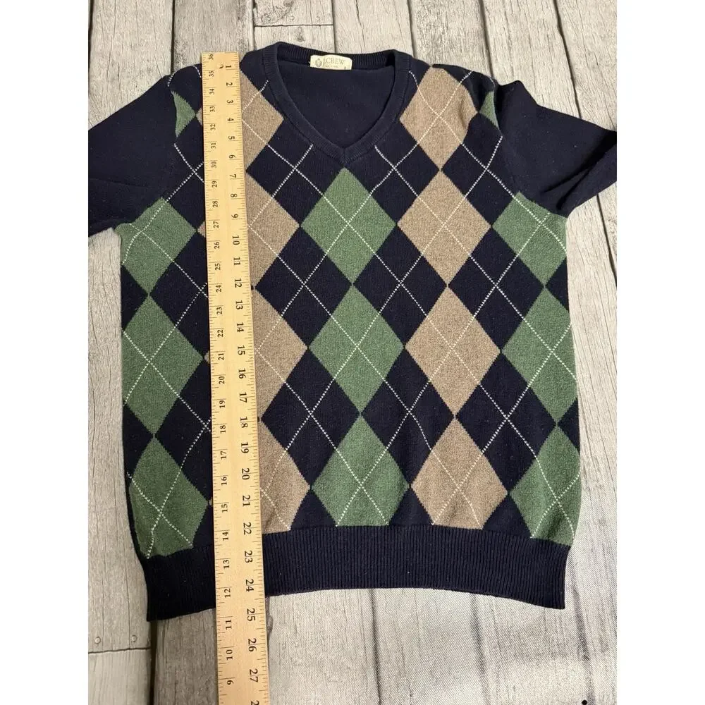 Men’s J. Crew Argyle Sweater Cashmere Blend Navy/Green/Tan Long Sleeve Sz Small
